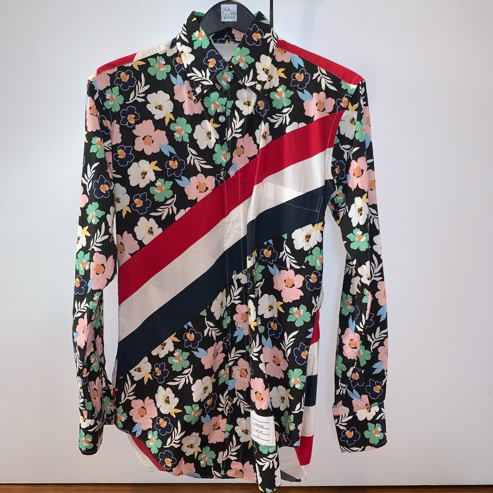 Thom Browne Floral Shirt with Stripes. Size Small